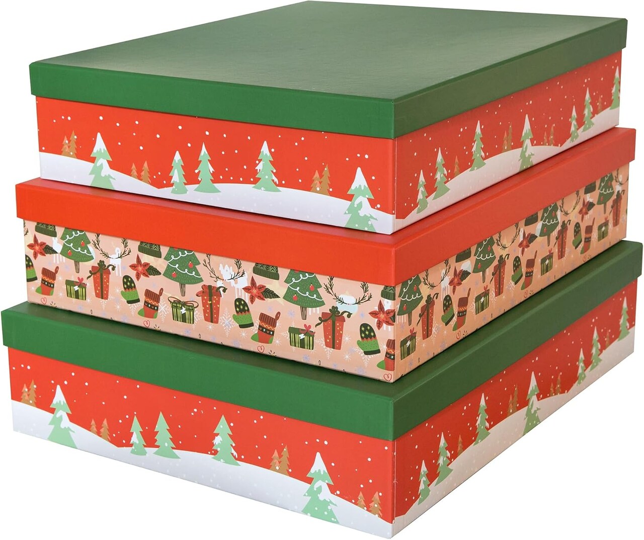 Christmas Decorative Cardboard Storage Boxes (Set of 3): Nesting Photo Storage Boxes with Lids, Small Decorative Gift Boxes, Red and Green Paperboard Festive Trees Holiday Boxes